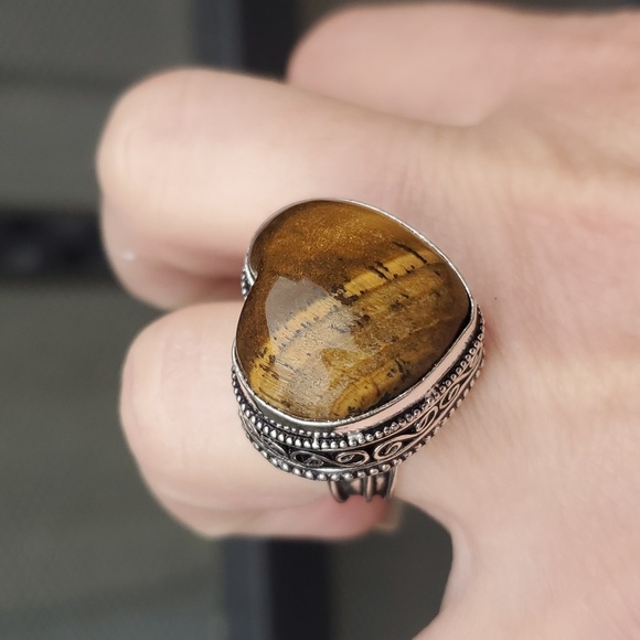 New Heart Shaped Tiger Eye 925 Silver Ring. - Picture 1 of 16